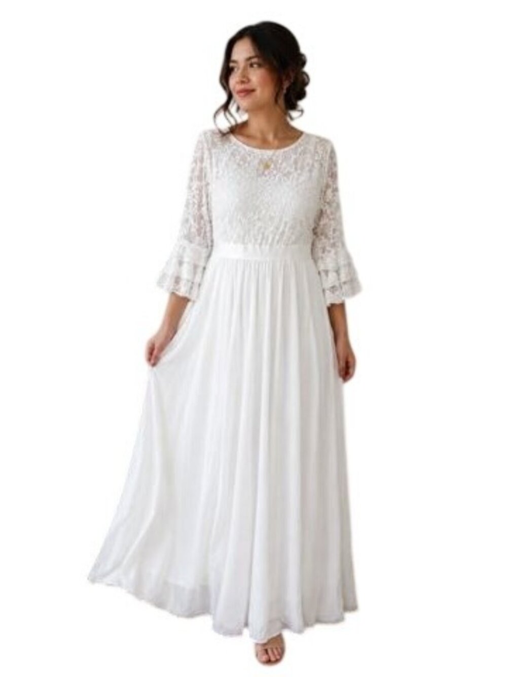 White Lace Maxi Dress With Tiered Bell Sleeves Size 3XL plus Size